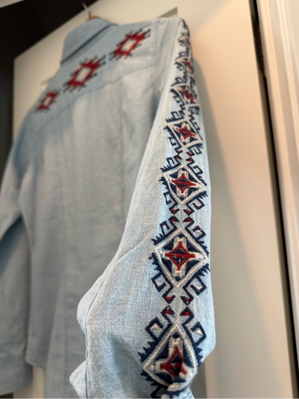 Cavender’s Rock & Roll Cowgirl Embroidered Light Wash Denim Top - Picture 3 of 8